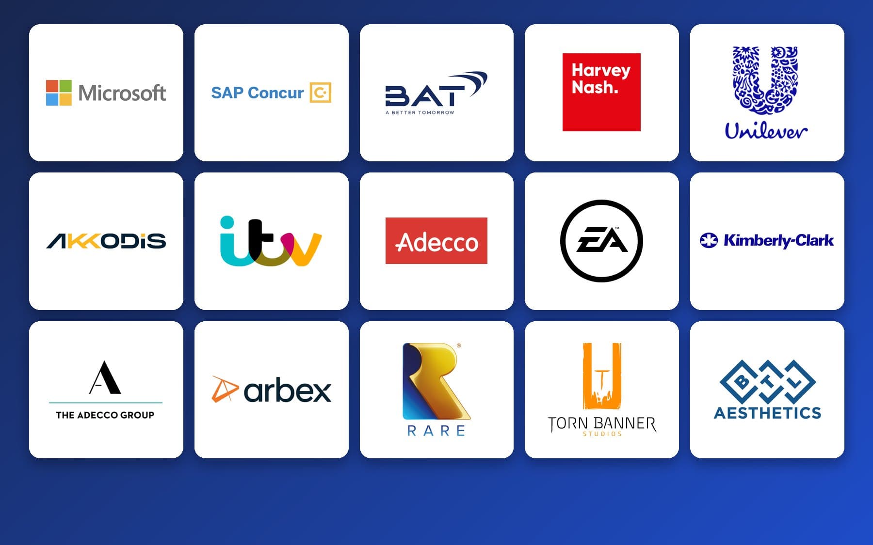 Logos of organisations we have worked with, including Microsoft, SAP Concur, BAT, Harvey Nash, Unilever, Akkodis, ITV, Adecco, EA, Kimberly-Clark, The Adecco Group, Arbex, Rare, Torn Banner Studios and BTL Aesthetics