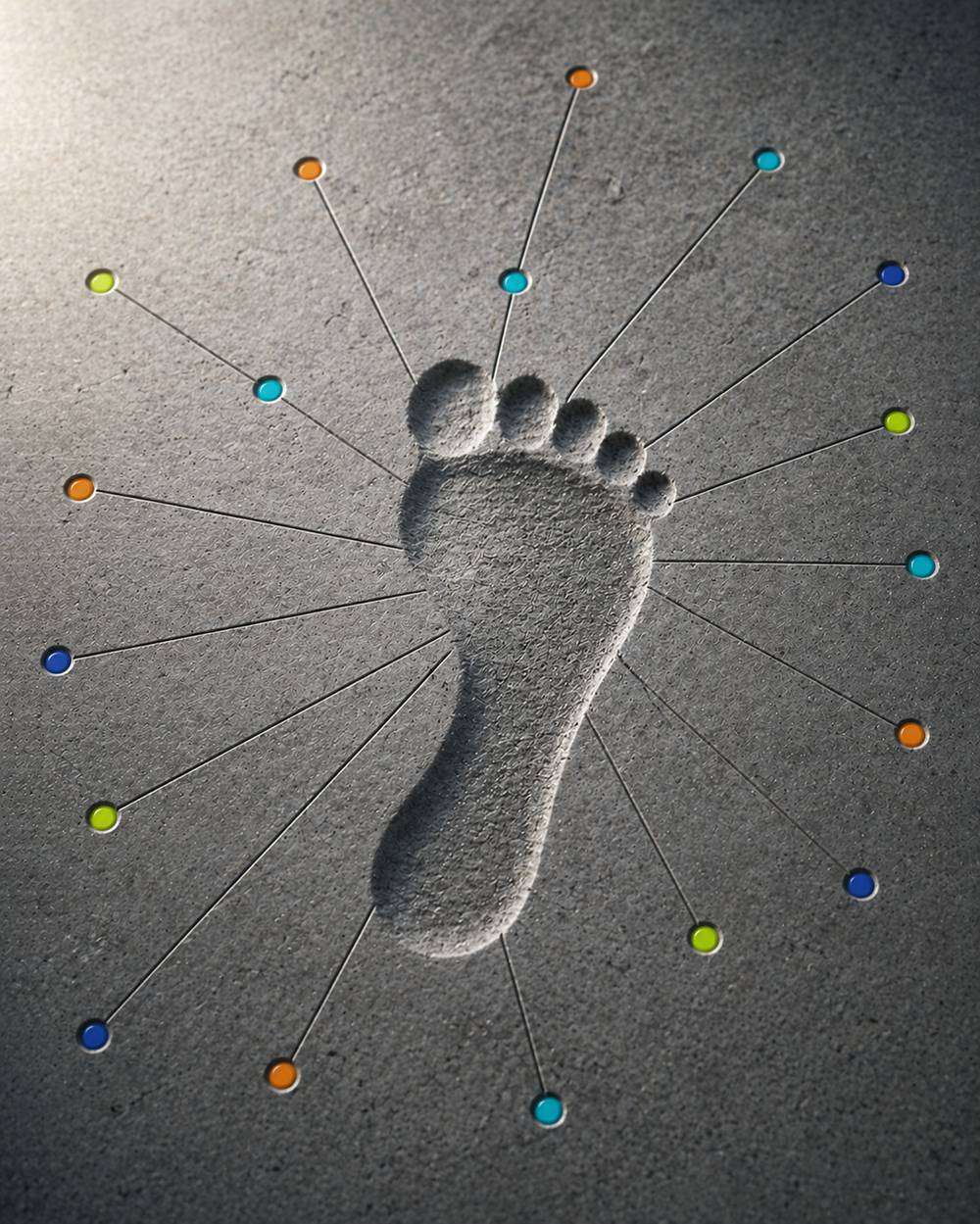 Coloured stakeholder pins on thin lines converging on a single footprint in concrete