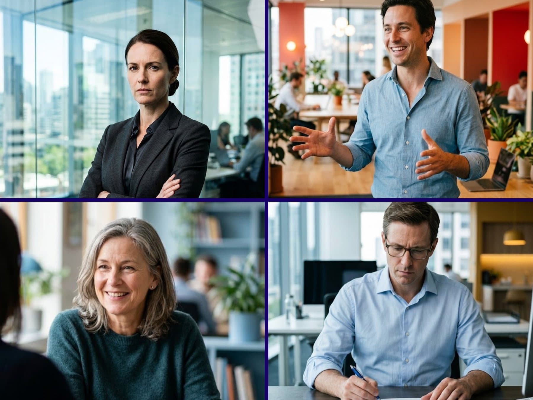 Four people with four different working styles: a direct, decisive leader; an animated, enthusiastic talker; a warm, patient listener; and a careful, analytical thinker checking detail