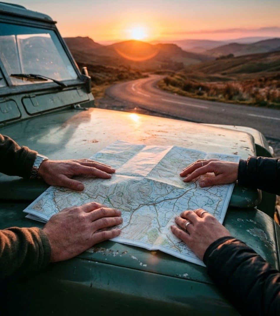 Two people's hands on the same map, spread across a car bonnet at sunset