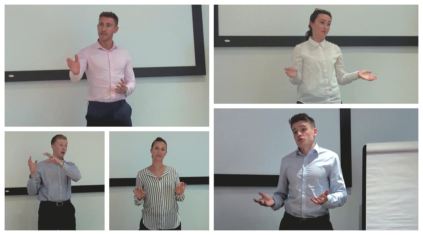 Five members of an ITV team presenting to the group during their Presenting with Impact workshop
